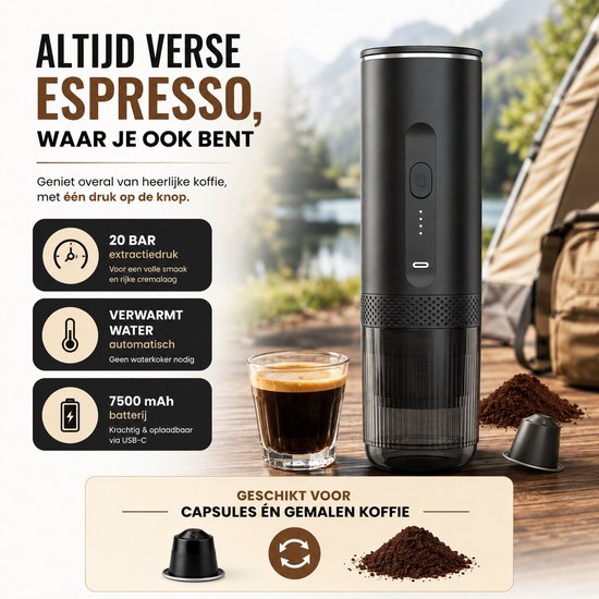 De draagbare NEVI machine met een kop espresso, naast een tent